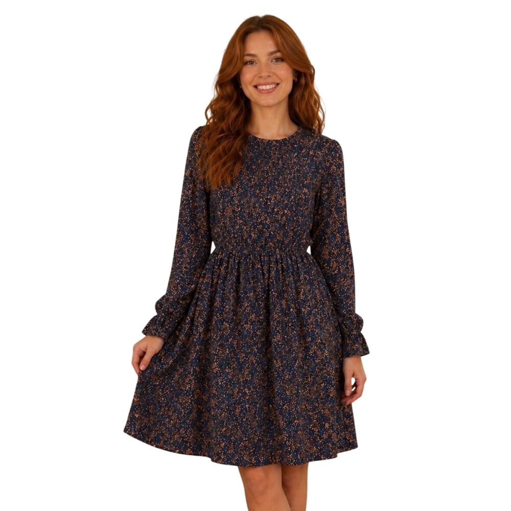 Tulip B By Unique Vintage Navy Smocked Top Long Sleeve High Neck Dress S NWT